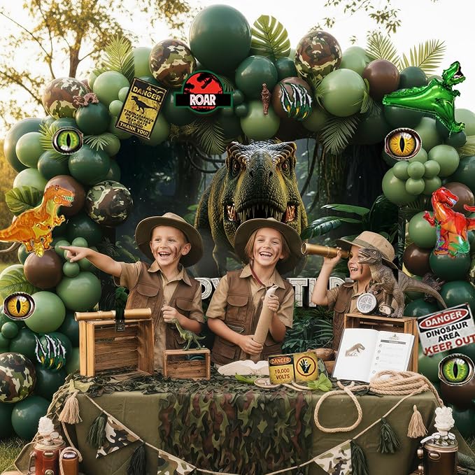 Dinosaur Birthday Decorations with Hunter Green Brown balloon arch & small T-Rex Foil balloons & backdrop Sign & Artificial Palm Leaves for Boys Jungle Safari Dino ROAR Party Supplies (Green Brown)