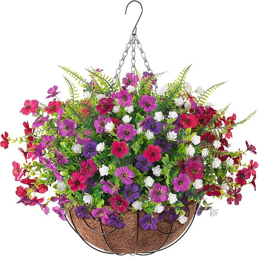 Ammyoo Artificial Faux Hanging Plants Flowers Basket for Spring Outdoor Decoration, Fake Silk Daisy UV Resistant Look Real with Eucalyptus Leaves Summer Outside Decor for Home Patio Garden