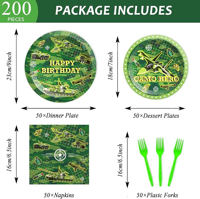 gisgfim 50 Guests Army Birthday Party Decorations Camo Birthday Party Supplies Army Party Plates and Napkins Military Soldier Camouflage Party Decorations Favors for Birthday Baby Shower 200 PCS