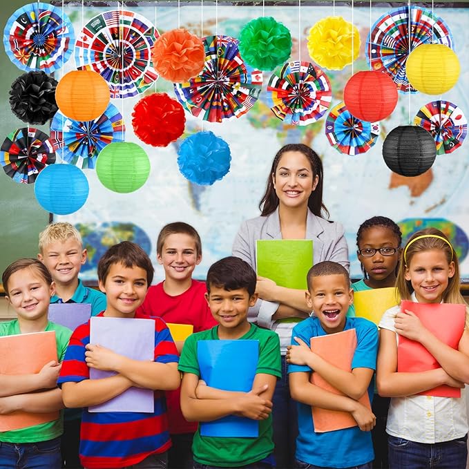 Outus International Flags Hanging Decorations Around The World Paper Fans Country World Flags Tissue Pom Poms Nations Paper Lanterns for Sports Event Back to School Classroom Ceiling Wall Decor