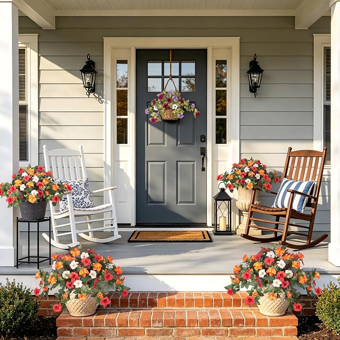 Ammyoo Artificial Fall Flowers Fake Petunias Plants for Outdoor Decoration | 4 Pcs UV Resistant Faux Silk Flowers No Fade Floral for Garden Balcony Yard Porch Realistic Indoor Decor (Orange White)