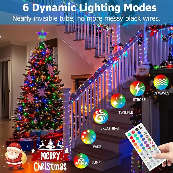 100ft Outdoor LED Rope Lights, IP68 Waterproof 25 Color Changing String Lights, Red White Blue for 4th of July Patriotic Decorations, Warm White & RGB Twinkle Fairy Light for Christmas Indoor Outside