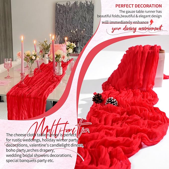 Showgeous Cheesecloth Table Runner 10FT Red Table Runner Boho Gauze Cheese Cloth Table Runners Long Rustic Sheer Table Decorations for Wedding Party Baby Bridal Shower Birthday Holiday Home