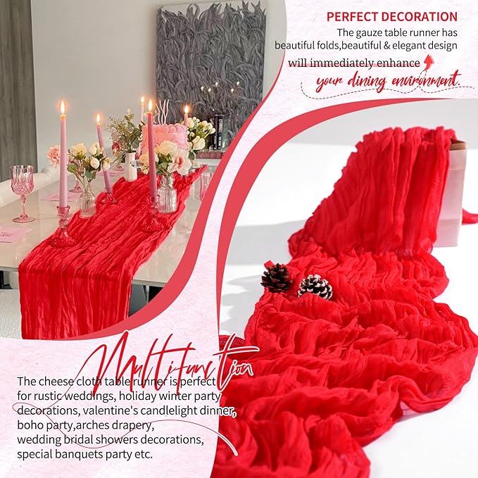 10 Pack Red Cheesecloth Table Runner 10FT Boho Gauze Cheese Cloth Table Runners Romantic Rustic Sheer Table Decorations for Wedding Party Baby Shower Birthday Holiday Home