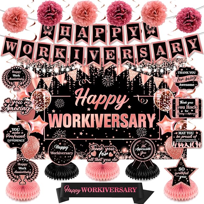 Happy Work Anniversary Decorations Rose Gold Happy Workiversary Banner Honeycomb Centerpieces Hanging Swirls Tissue Paper Pompoms Sash Set for Women Office Employee Worker Appreciation Party Supplies
