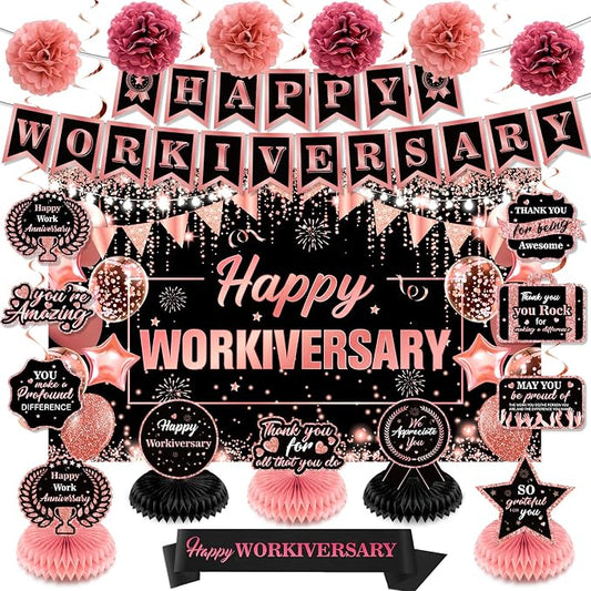 Happy Work Anniversary Decorations Rose Gold Happy Workiversary Banner Honeycomb Centerpieces Hanging Swirls Tissue Paper Pompoms Sash Set for Women Office Employee Worker Appreciation Party Supplies