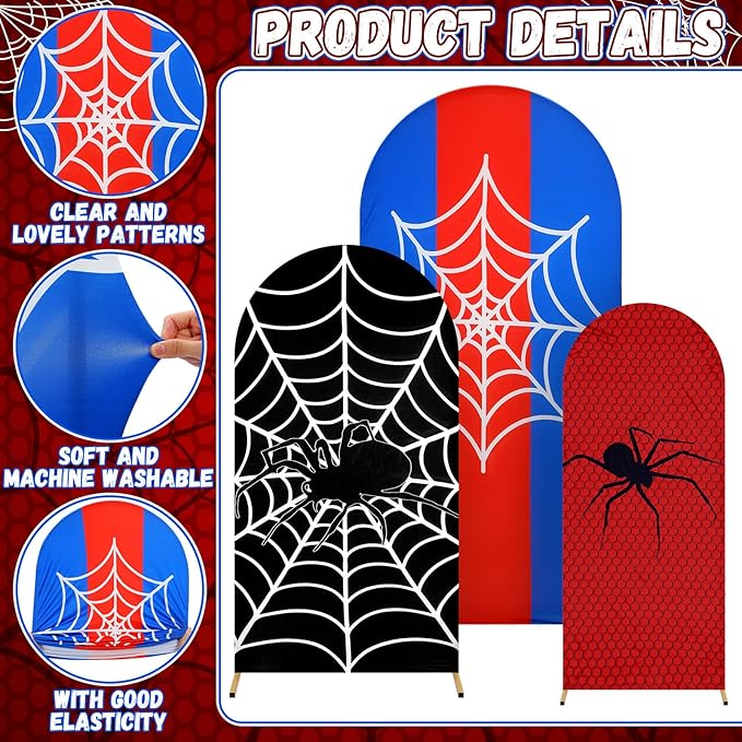 Foilswirl 34 Pcs Spider Birthday Party Decorations 3 Spider Web Arch Backdrop Covers (4/5/6ft) Web Spandex Arch Cover with 30 Red Blue and Black Silver Balloons for Birthday Party Photo Props Decor