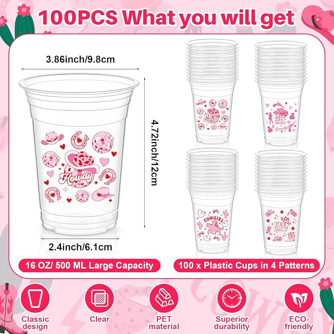 Geyoga 100 Pcs Western Cowgirl Plastic Cups 16 oz Pink Cowgirl Disposable Clear Drinking Cups Bulk Lets Go Girls Decoration for Western Birthday Disco Party