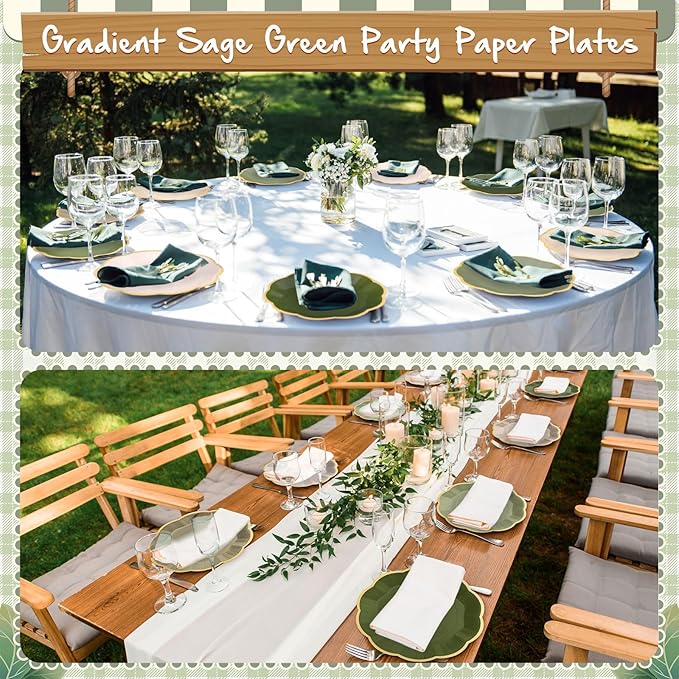 72 Pcs Sage Green Color Paper Plates 9 Inch Green Gradient Scalloped Paper Disposable Dinner Dessert Plates for Birthday Wedding Bridal Party Supplies, 6 Colors