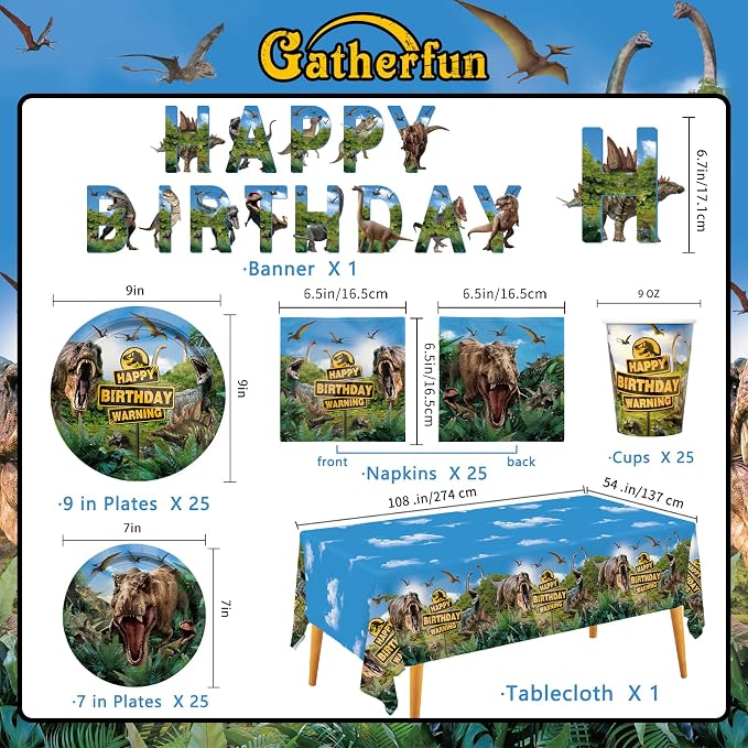 Dinosaur Birthday Party Supplies Disposable Paper Plates Napkins Cups Tablecloth and Banner for Dinosaur Party Decorations , Serve 25
