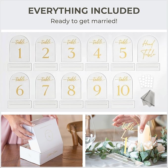 Clear Arch Acrylic Table Numbers for Wedding Reception - 5" x 7" Gold Font Centerpiece Set with Holder Stands & Head Table Sign - Anniversary, Event, Party, Wedding set 1-10