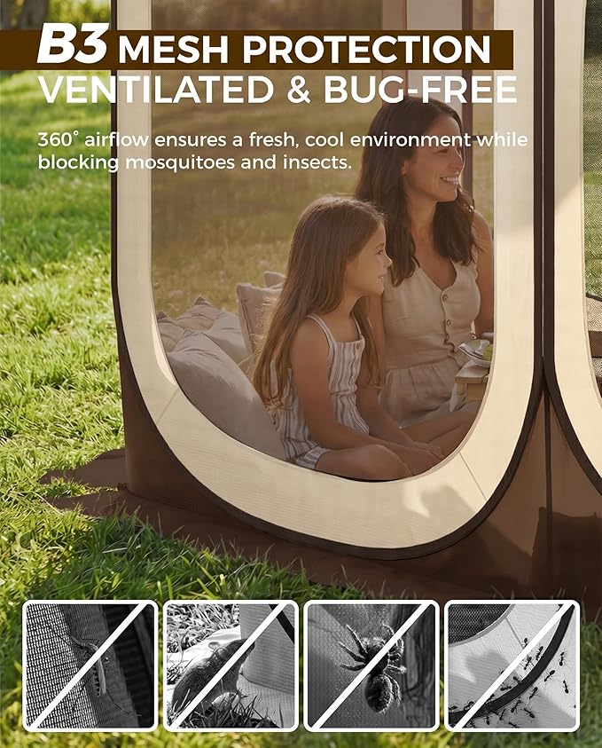 Screen Pop Up House Room Tent, Canopy Sun Shade Shelter for Patio, Backyard, Deck & Outdoor Activities, Portable Gazebo, Not Waterproof, 10'x10', Brown