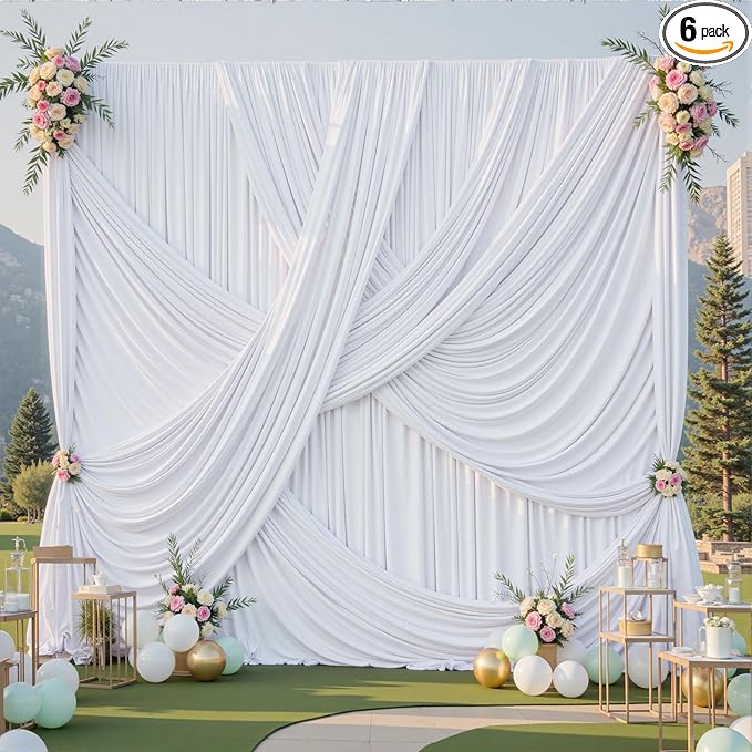 30ft×12ft White Backdrop Curtain for Wedding Parties, 6 Panels Wrinkle Free Polyester Photo Backdrop Drapes Back Drop Cloth for Independence Day Birthday Photography Background
