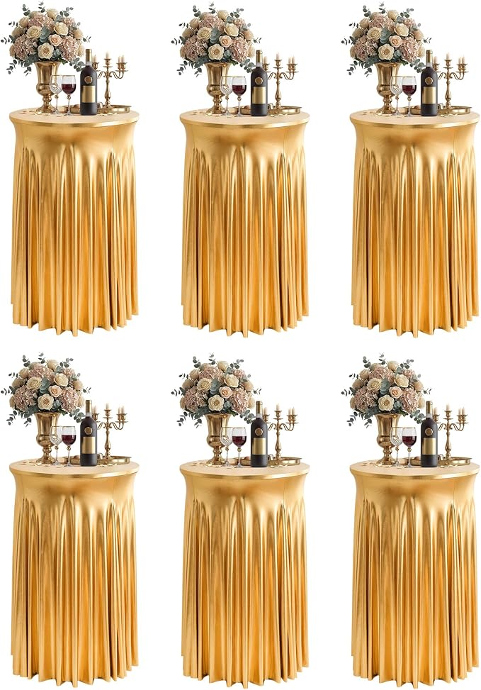Cocktail Table Tablecloth with Skirts - 24x43 Inch Wavy Spandex High Top Cocktail Table Covers, Ruffle Drape Highboy Tablecloth Reusable for Party Wedding Cake Standing Table, Stamping Gold, 6 Pack
