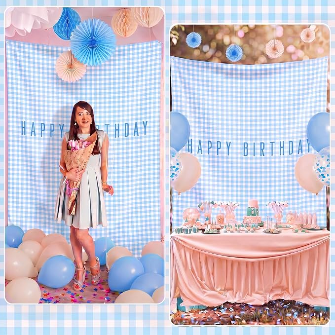Flutesan 7x5ft Blue Gingham Happy Birthday Backdrop Large Banner Fabric Tapestry Birthday Party Decoration Baby Shower Linen Rustic Background Wall Photo Props Indoor Outdoor