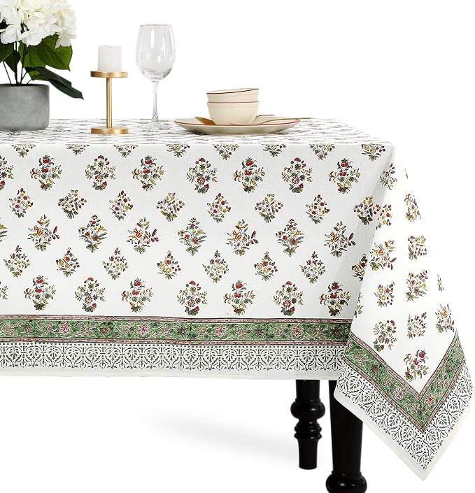 CPC Block Print Tablecloth Fall Green 108"x70" Rectangular 100% Cotton Reusable Table Cover, Everyday Decorative Table Cloth Use for Dining, Farmhouse, Home Gift for Spring, Mother's Day