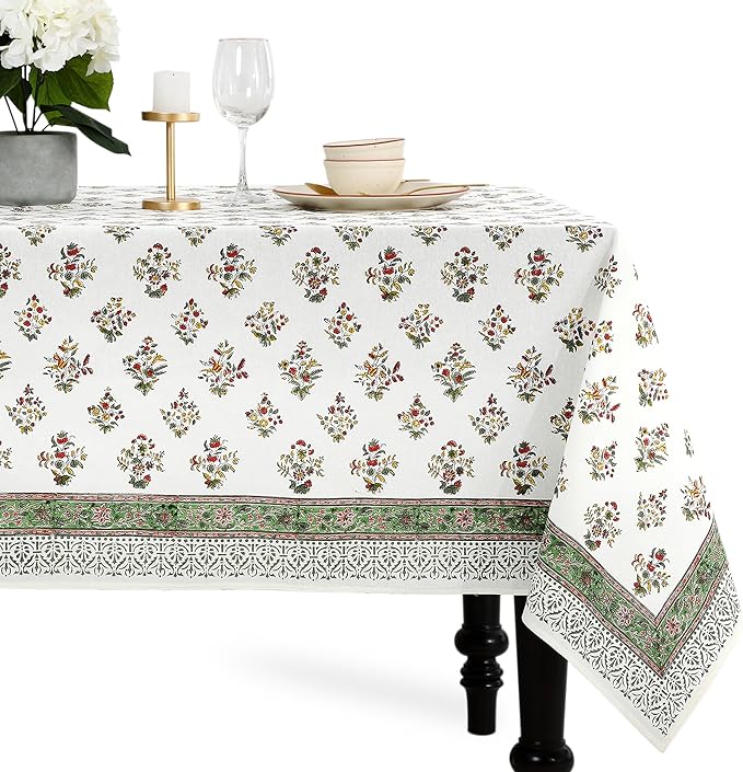 CPC Block Print Tablecloth Fall Green 80x120 Inch 100% Cotton Reusable Table Cover, Everyday Decorative Table Cloth Use for Dining, Farmhouse, Home Gift for Spring, Mother's Day
