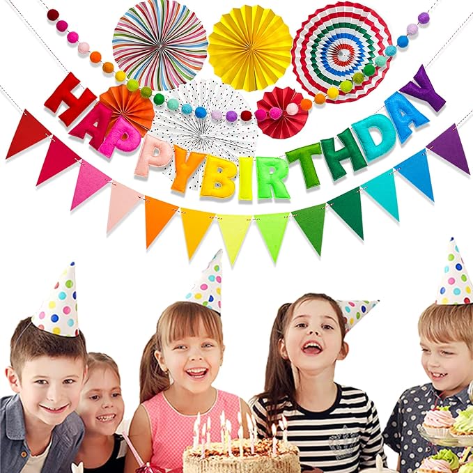 3 Pcs Pre-Strung Reusable Happy Birthday Banner, Handmade Wool Felt Ball Garland, Triangle Flags, Personalized Felt Holiday Sign Pom Pom Garland for Rainbow Party Decorations Fireplace Mantel Wall Window (Birthday Banner + Flags + Rainbow Balls)