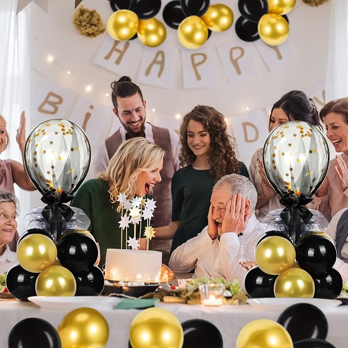 BBTO 8 Set Gold Black Table Centerpieces Balloons Stand Kit, Latex Balloons and Table Stand Holder with Base Tulle for Wedding Birthday Grad Prom Centerpieces Party Back to School Baby Shower