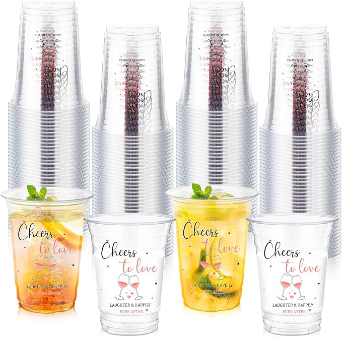 100 Pcs Plastic Wedding Cups 16 oz Cheers to Love Wedding Reception Cups Bulk Disposable Clear Plastic Drinking Glasses for Bridal Shower Engagement Bachelorette Party Supplies