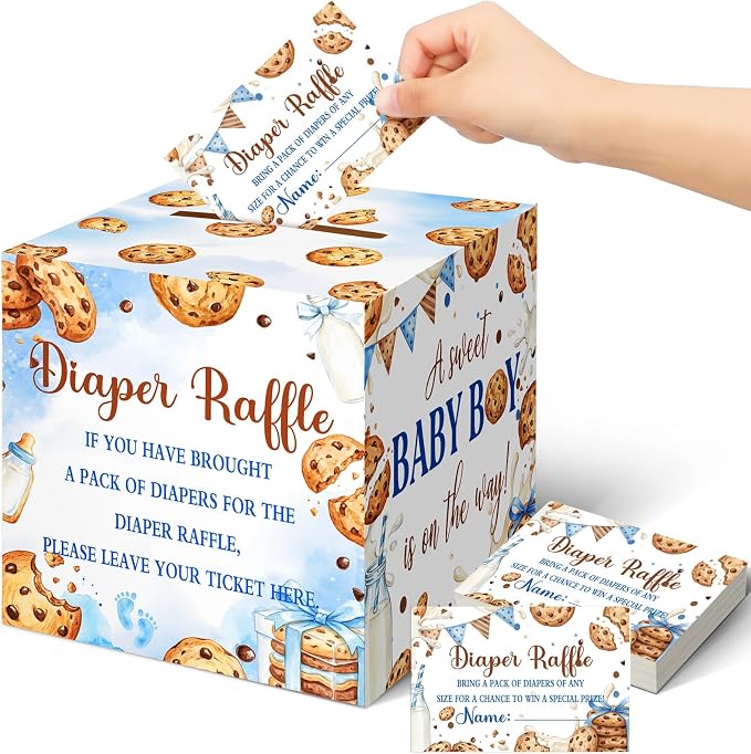 Teling 51 Pieces Diaper Raffle Tickets Box with Card Baby Shower Decorations Gender Reveal Holder Box for Girl Boy Diaper Raffle Party (A Little Cookie is on the Way)