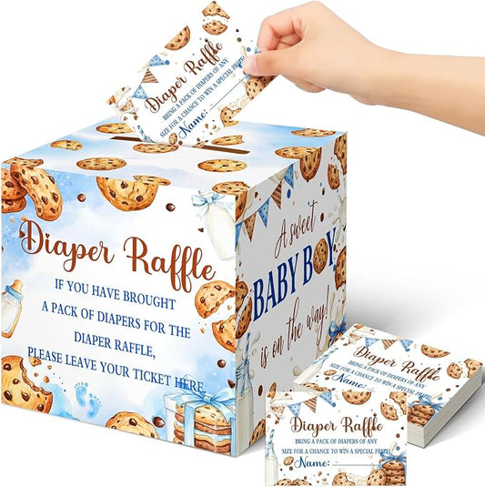 Teling 51 Pieces Diaper Raffle Tickets Box with Card Baby Shower Decorations Gender Reveal Holder Box for Girl Boy Diaper Raffle Party (A Little Cookie is on the Way)
