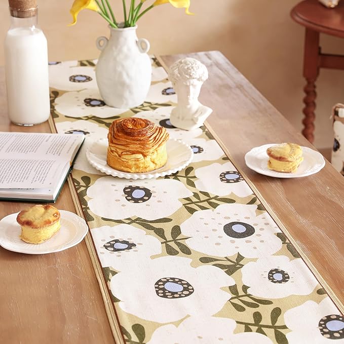 bilin gaier Rectangular White Flower Table Runner 63 Inches Long,Vintage Rustic Farmhouse Linen Floral Table Runners,Table Decoration for Coffee & Dining Table Home Party Kitchen.12 x63-Hidaka