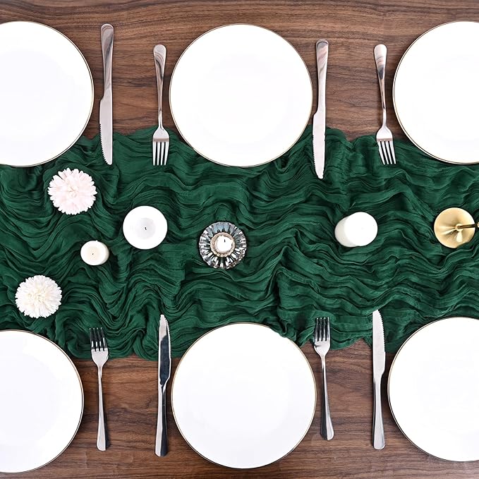 24 Pack Dark Green Cheesecloth Table Runners,10FT Boho Gauze Table Runner,35x120inch Rustic Table Runner for Wedding Party Bridal Shower Thanksgiving Christmas Boho Table Decoration