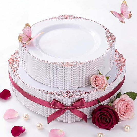 Nervure 100Pcs White and Red Plastic Plates - Heavyweight Red Disposable Plates - Plastic Plate Include 50Pcs 10.25inch Dinner Plate & 50Pcs 7.5inch Dessert Plate for Wedding & Party & Mothers Day
