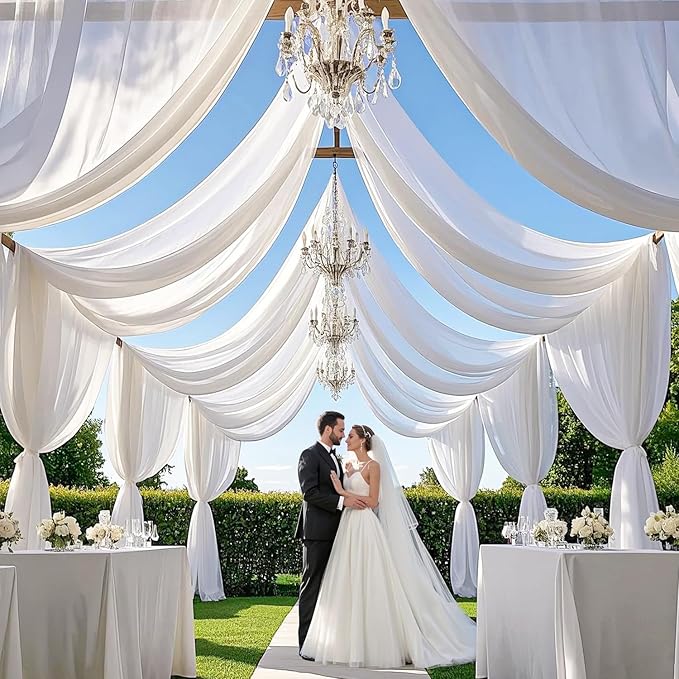 MODFUNS White Ceiling Drapes for Weddings 5x20FT 6 Panels Sheer Chiffon Ceiling Curtain Wedding Arch Draping Fabric Tulle Curtain Drapery Elegant Scarf Drapes Fabric for Bridal Baby Shower Arbor Drape