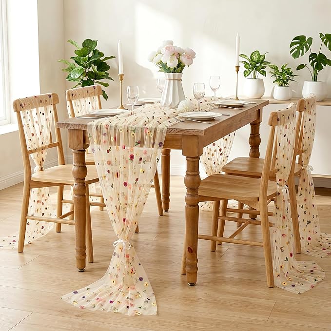 QueenDream Floral Tulle Table Runner 10FT Champagne Embroidery Daisy Spring Summer Table Linens Sheer Gauze Table Fabric Decorations for Home Wedding Tea Party Birthday