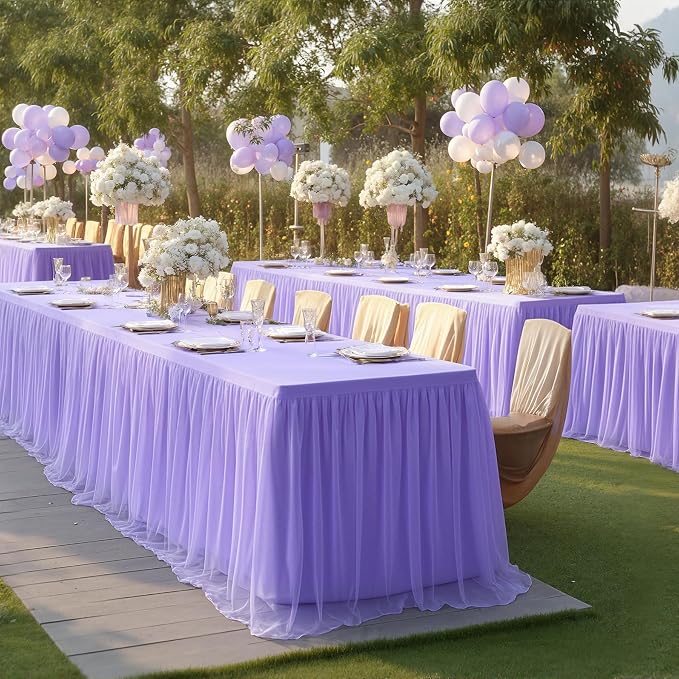 4 Pack Lavender Tulle Tablecloths with Skirt for 6 Foot Rectangle Tables Party Ruffle Tutu Tablecloth 6FT Stretch Fitted Table Cover for Wedding Reception Birthday Baby Shower Celebration Banquet