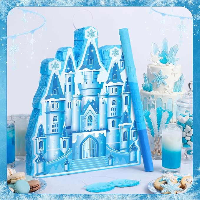 VioraWhite Princess Castle Piñata Blue Princess Birthday Party Supplies Blue Castle Piñata Set with Stick and Blindfold for Girls Kids Magical Wonderland Birthday Party Game Decorations Supplies