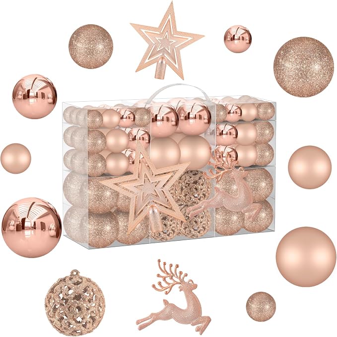 102PCS Assorted Rose Gold Christmas Ornaments,Shatterproof Plastic Christmas Ball Tree Ornaments Set for Tree Decorations