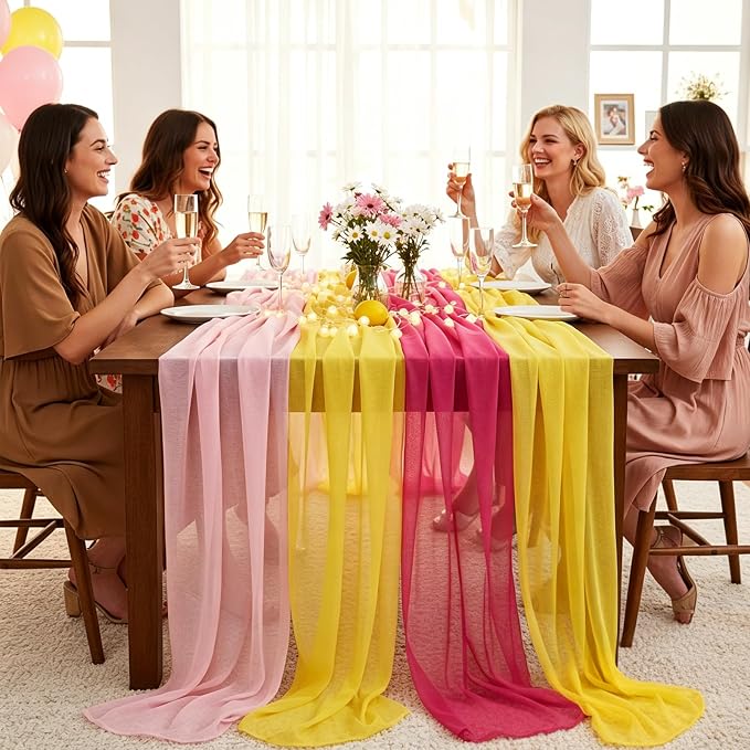 Boao 6 Pcs Pink and Yellow Party Decorations Table Runner Cloth 10ft Lemon Summer Freshly Graduation Decorations Rustic Fabric for Pink and Yellow Wedding Birthday Party Baby Bridal Shower Decor