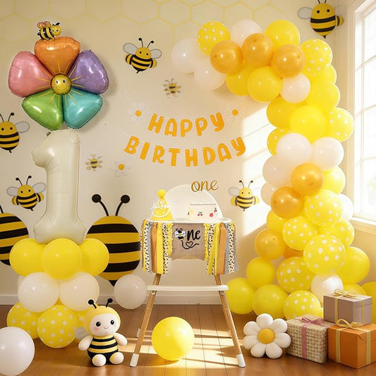 Bee Theme High Chair Banner - Happy Bee Day 1st Birthday Decoration for Boys & Girls, Sweet One Birthday Party Supplies