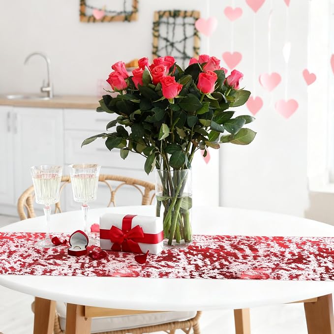 Aneco 12 Pieces Metallic Glitter Table Runner 84 x 11 Inches Red Glitter Mesh Table Runners Sparkle Rectangle Runner Roll Decorations for Wedding Baby Shower Birthday, DIY Home Decor