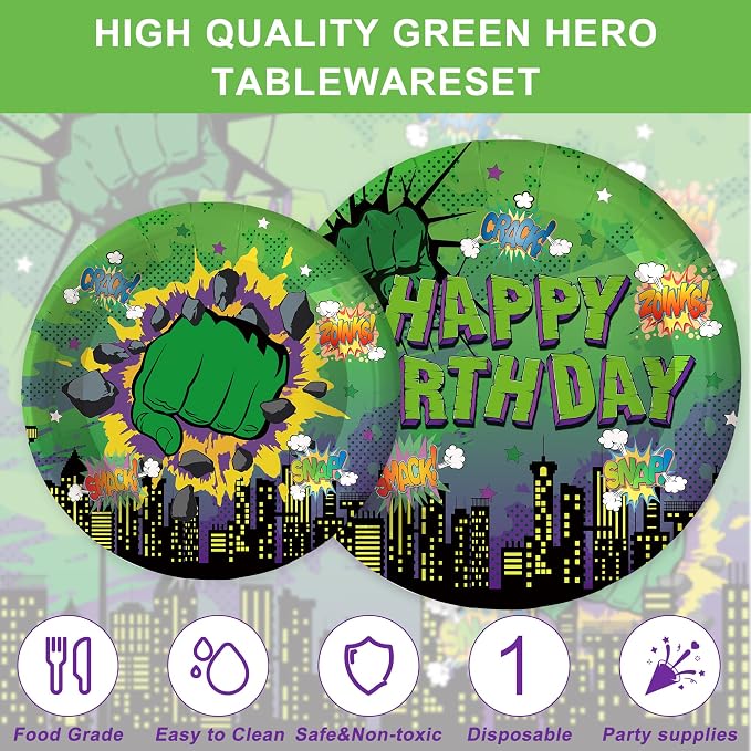 120 PCS Green Hero Party Decorations Include Plates Napkins and Knife and Fork Green Hero Party Supplies Serves 20