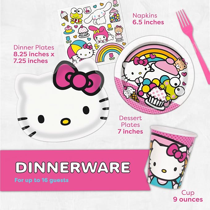 Hello Kitty Birthday Decorations & Party Supplies | Hello Kitty Plates and Napkins, Cups, Tablecloth, Forks, Sticker | Serves 16 Guests | Officially Licensed