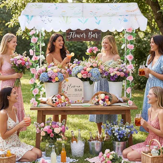 7 Pcs Flower Bar Stand Kit Flower Display Bloom Bar with 1 Set Plastic Stand 1 Floral Sunshade Cloth 4 Rose Tinsel 1 Wood Sign for Wedding Shop Floral Party Supplies Garden