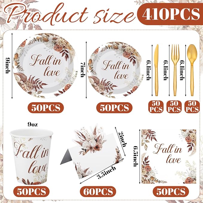 Shellwei 410 Pcs Fall in Love Bridal Shower Decorations Boho Floral Paper Plates and Napkins Set Disposable Party Tableware Sets with Cups Knives Forks Spoons Seat Card Favors for 50 Guests