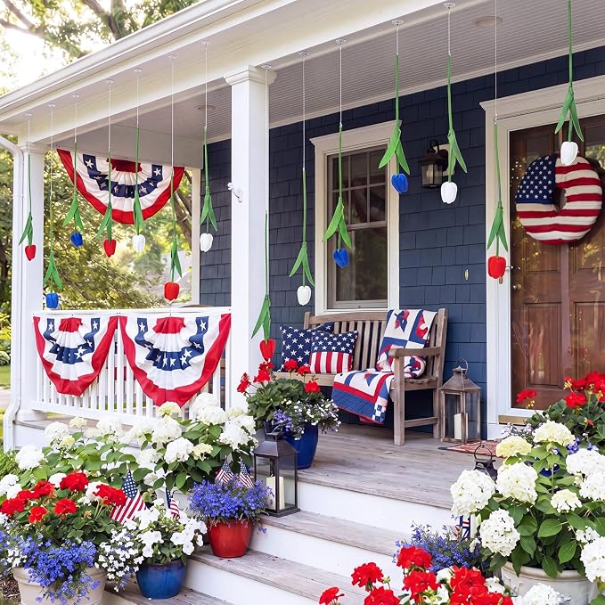 12 Pack Red White Blue 5 ft Artificial Hanging Tulips Garland, 4th of July Dangling Faux Tulip Wall Ceiling Patriotic Hanging Flower for Independence Day 250th Anniversary Home Party Decor