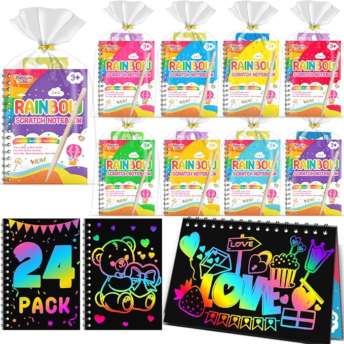 Scratch Paper Art Party Favors for Kids: 24 Pack Rainbow Scratch Notebook, Goodie Bags Stuffers Coloring Books Party Favors for Kids 3-12, Bulk Classroom Birthday Gifts for Student