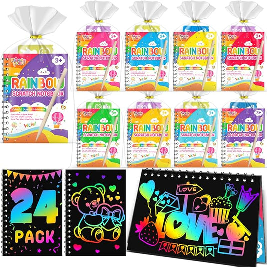 Scratch Paper Art Party Favors for Kids: 24 Pack Rainbow Scratch Notebook, Goodie Bags Stuffers Coloring Books Party Favors for Kids 3-12, Bulk Classroom Birthday Gifts for Student