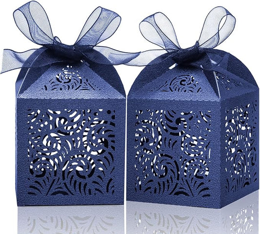 COTOPHER 100Pcs Laser Cut Favor Boxes, 2x2x2.75in Small Gift Boxes for Presents, Party Wedding Favors Boxes with Ribbon, Mini Candy Boxes for Event Bridal Shower Anniversary Birthday Christmas, Navy