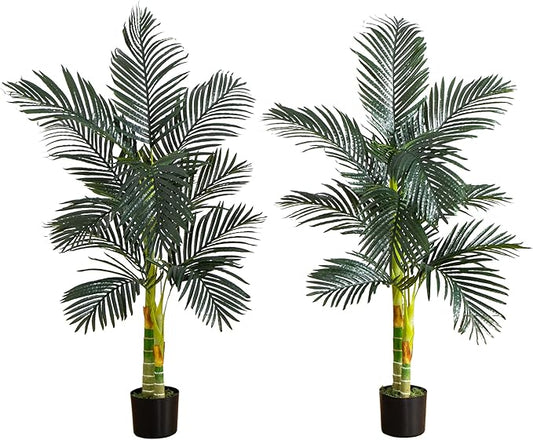 Nearly Natural 5-FT Artificial Golden Cane Palm Tree, Set of 2 Fake Palm Trees with Two Realistic Trunks and 12 Lifelike Palm Fronds, Faux Palm Plants for Indoor Home Décor with Black Nursery Planter