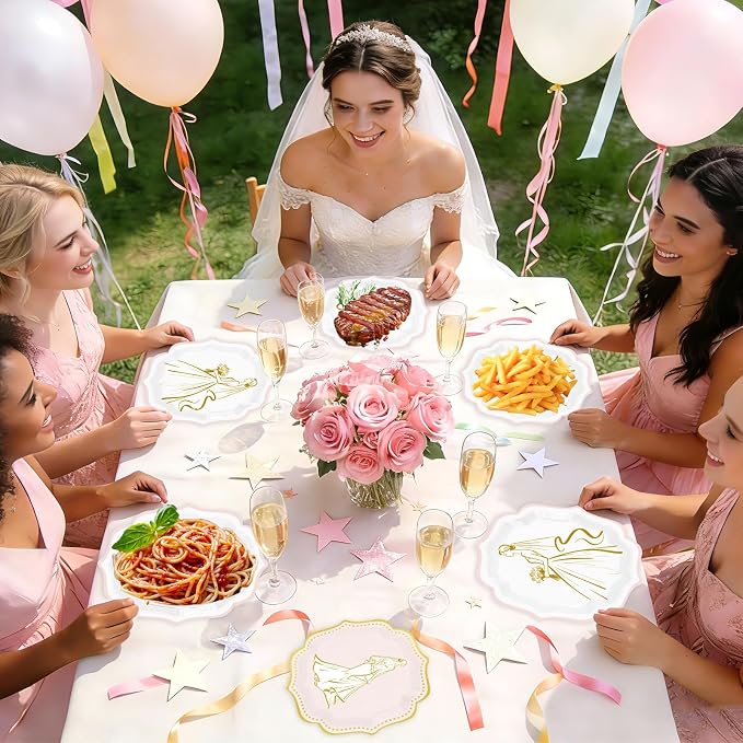 200Pcs Bridal Shower Party Decorations Bride To Be Plates and Napkins White Pink Gold Scalloped Disposable Tableware Set for Wedding Engagement Bachelorette Party Supplies Serves 50