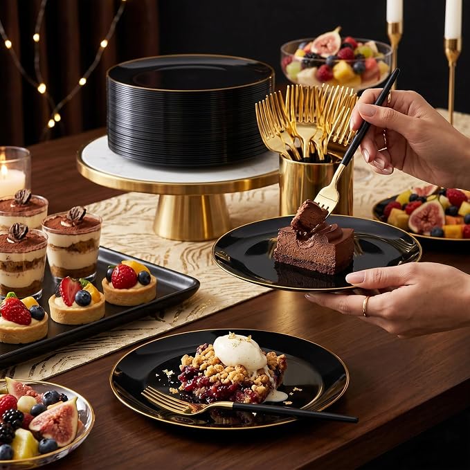 I00000 144Pcs Black and Gold Dessert Plate Set, Including 72Pcs Black and Gold Plastic Plates 7.5" and 72Pcs Disposable forks 8.5", Fancy Salad Plates with Gold Rim for Thanksgiving and Party
