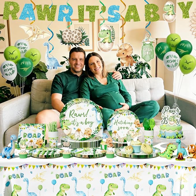 Hombae Dinosaur Baby Shower Decorations Boy, Hatching Soon Baby Shower Party Supplies with Rawr It's a Boy Tableware, Plates, Napkins, Hanging Swirls for Boys Dino Theme Party, Serves 24