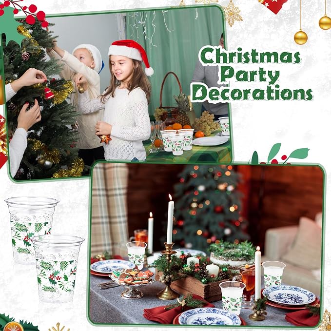 Funnymoom 60 Pack Christmas Plastic Cups 12 oz Seasonal Holly Leaf Disposable Clear Plastic Drinking Cups for Xmas Christmas Winter Holiday Party Decoration Supplies